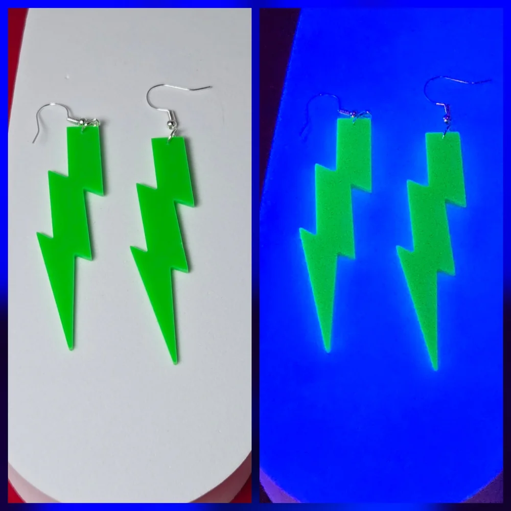 Neon Lightning Bolt Earrings UV Blacklight Glow Rave Festival Acrylic Dangles